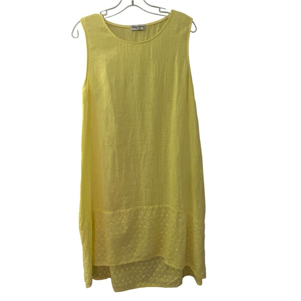 Terzo Millennio Italy Yellow Linen Shift Midi Dress Eyelet Hem Sleeveless L